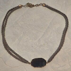 Purple Agate Slice Pendant Necklace on Braided Cord – Gold Trim Boho Jewelry